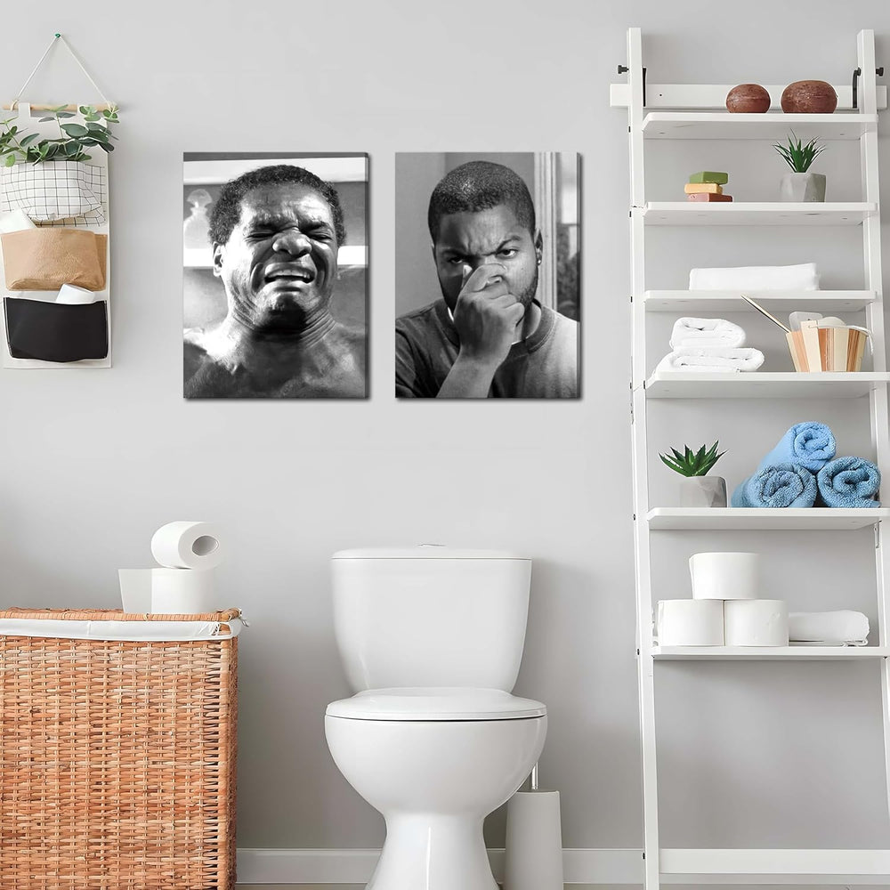 Framed Funny Bathroom Canvas Wall Art Set of 2 - Black and White Vintage Come...