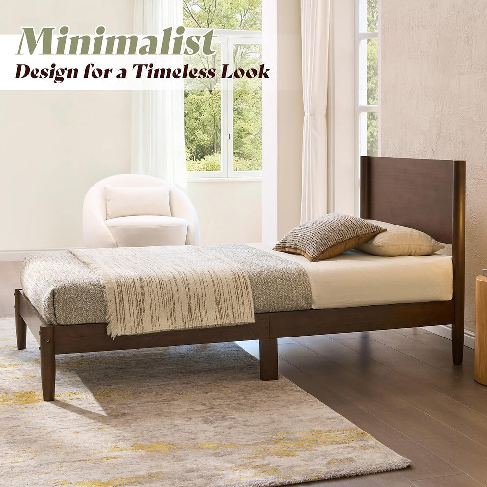 AMERLIFE Solid Wood Twin Bed Frame, Mid Century Bed with Headboard, Walnut
