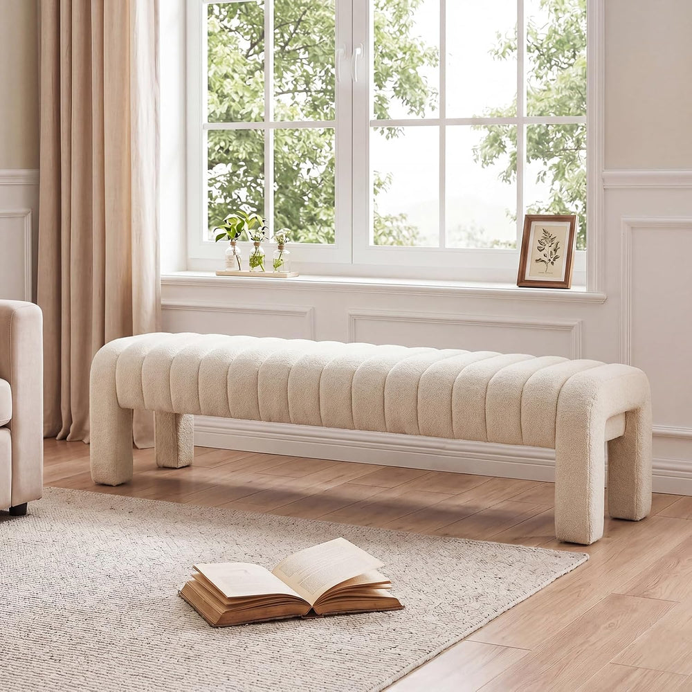 63’’ Bedroom Bench, Upholstered End of Bed Bench with Solid Wood Legs, Modern...