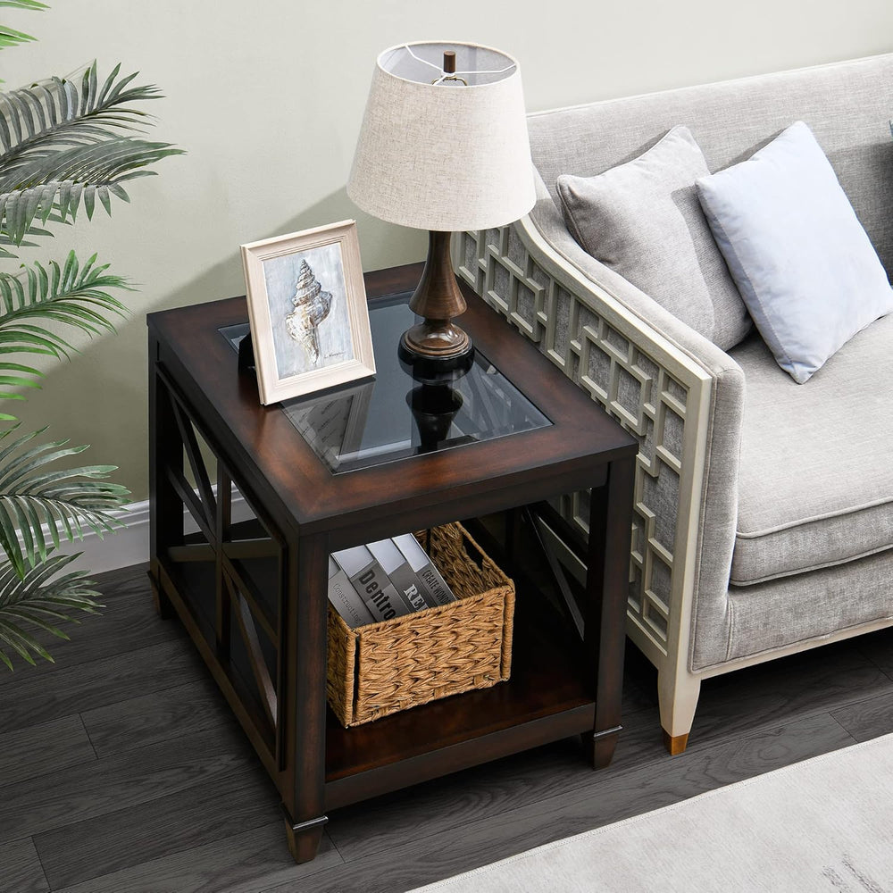 2-Tier Solid Wood End Table with Tempered Glass, Square Wooden Sofa Side Tabl...