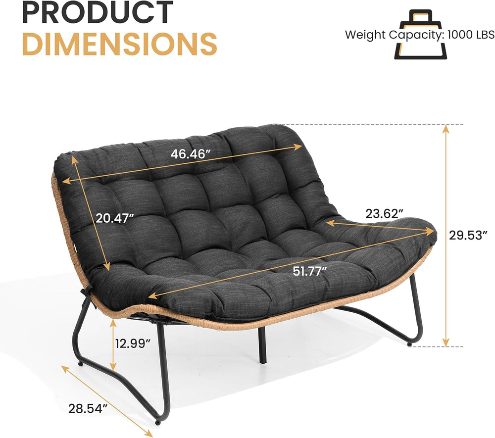 Outdoor Loveseat, Boho Rattan Patio Couch with Soft Cushion (Black)