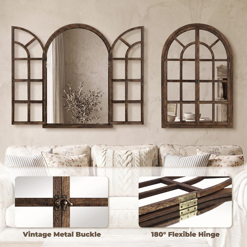 Farmhouse Window Mirror for Wall, 38 X 26 Inch Rustic Wood Frame
