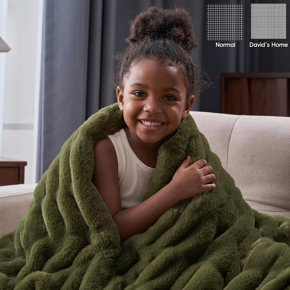 David's Home Double-Sided Faux Rabbit Fur Ruched Throw Blanket, Winter Moss