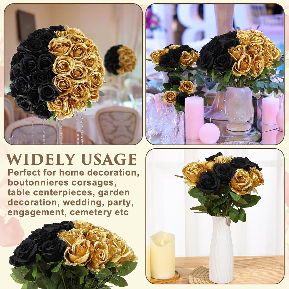 36 Pcs Silk Black Gold Rose Bouquet Bridal Artificial Flowers