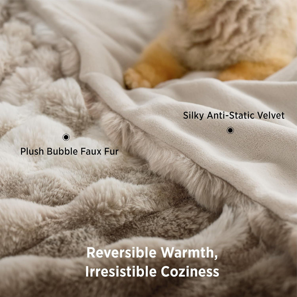 Bedsure Fluffy Bubble Faux Fur Queen Blanket, 90"x90", Tie-dye Taupe