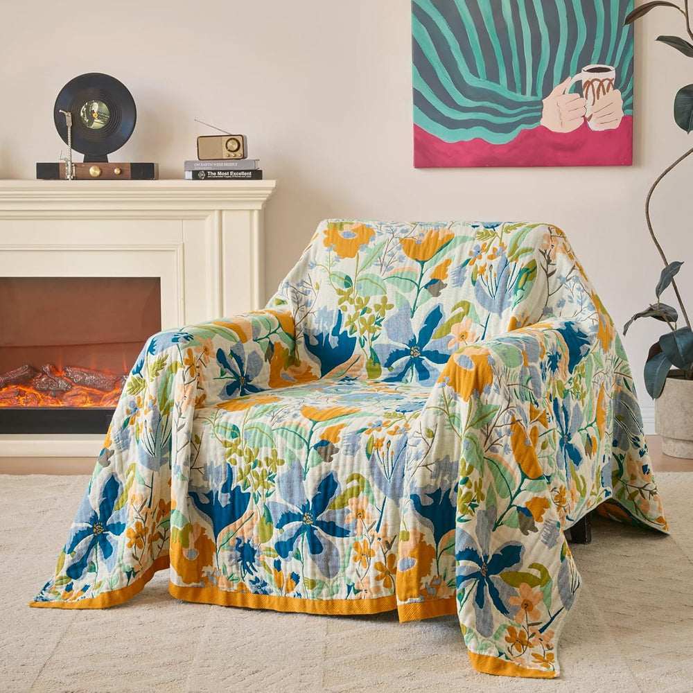 Boho Throw Blanket, 100% Soft Cotton Floral Quilt, King 90"x 98"