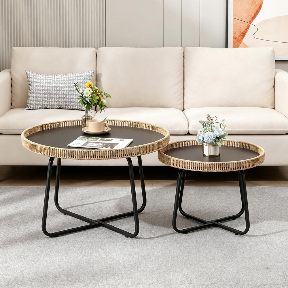 Round Woven Nesting Table, Wicker Coffee Table and Side Table Set of 2 | Meta...