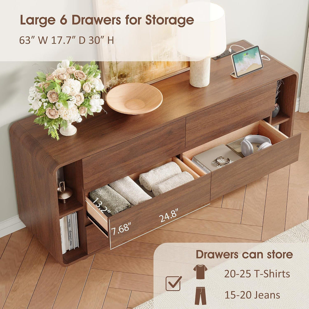 Whalefall 63 Inch 6 Drawer Dresser with Shelves, Rounded Corner, Walnut