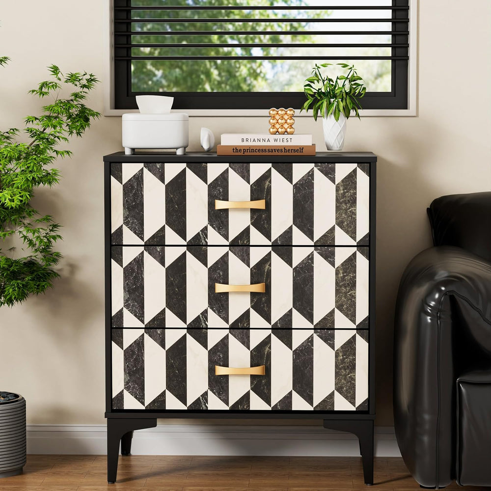 Anbuy Black Marble Nightstand, Modern Night Stand with 3 Drawers for Bedroom,...