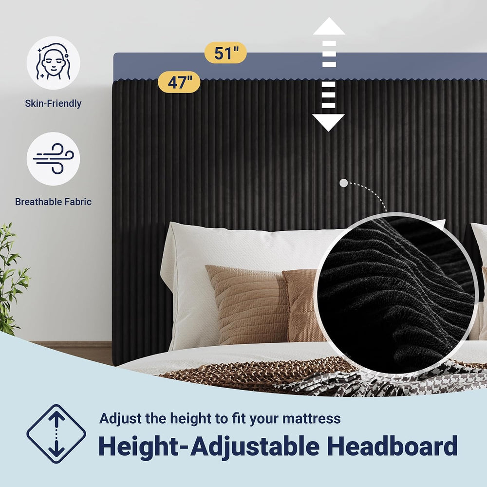 Allewie Full Bed Frame, Corduroy Tufted Headboard, Black