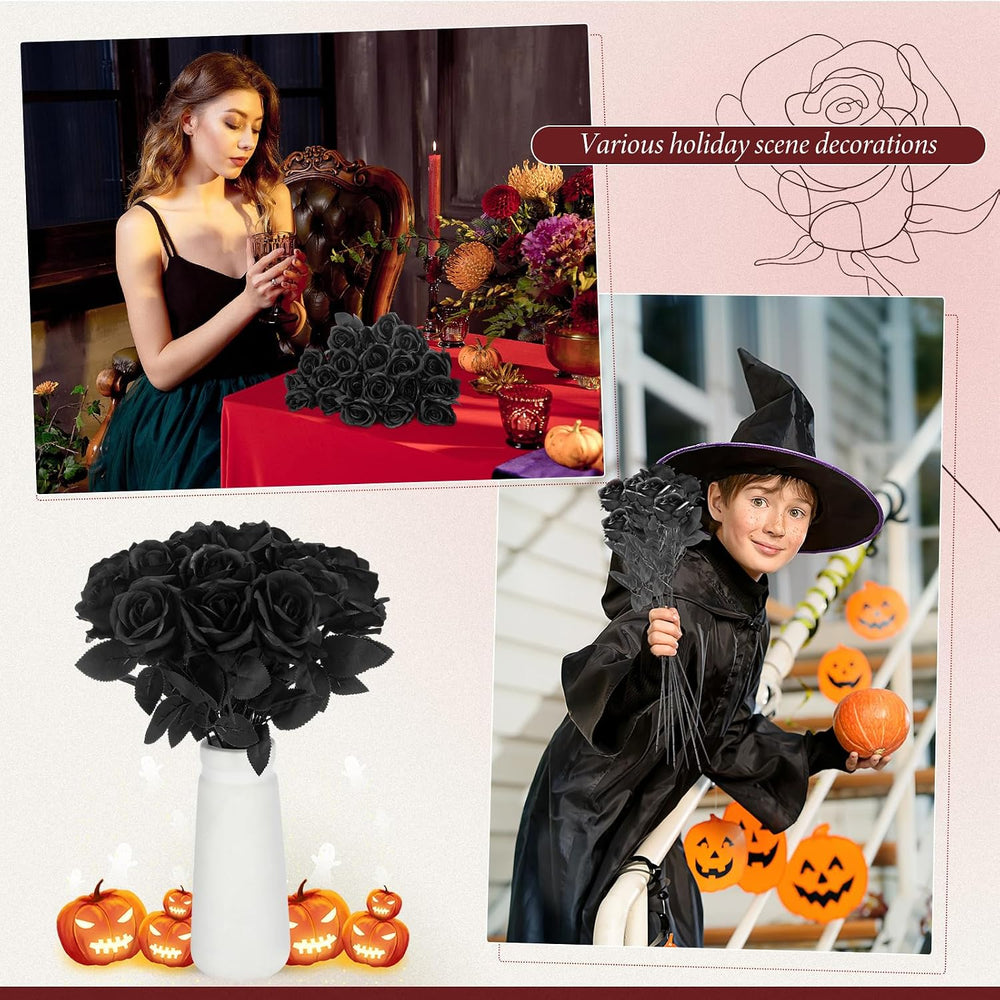Hotop 40 Pcs Artificial Roses Bulk, Long Stem Fake Flowers, Solid Black