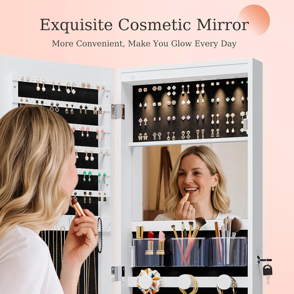 Unisakey Lockable Mirror Jewelry Cabinet LED Lights Wall Mount White | Door o...
