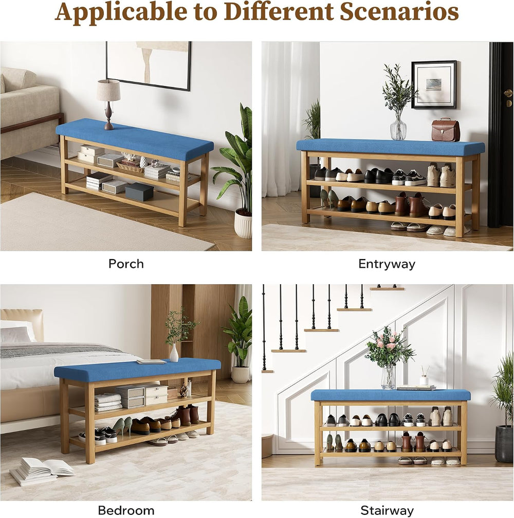 2 Tier Shoe Rack Bench with Cushion, Rubberwood Shoe Benches, Mid-Century Mod...