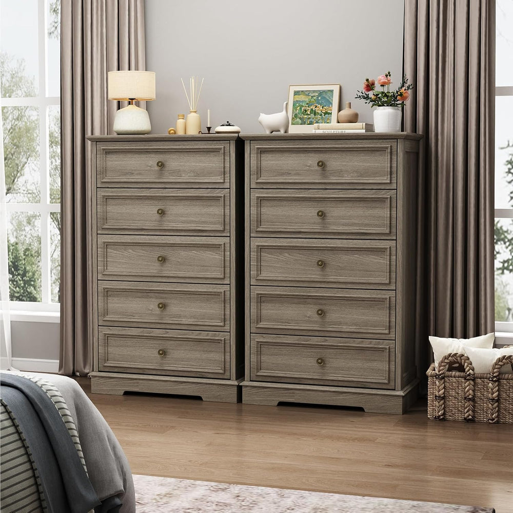 Gray Dresser for Bedroom, 44" Tall 5 Drawer Dresser, Wooden Chest of Dra...