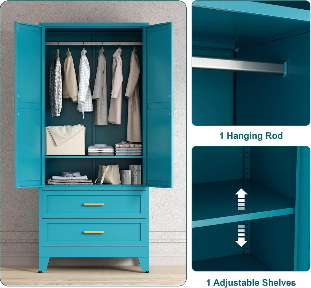71'' Farmhouse Metal Wardrobe Cabinet with Hanging Rod, 2 Barn Door W...