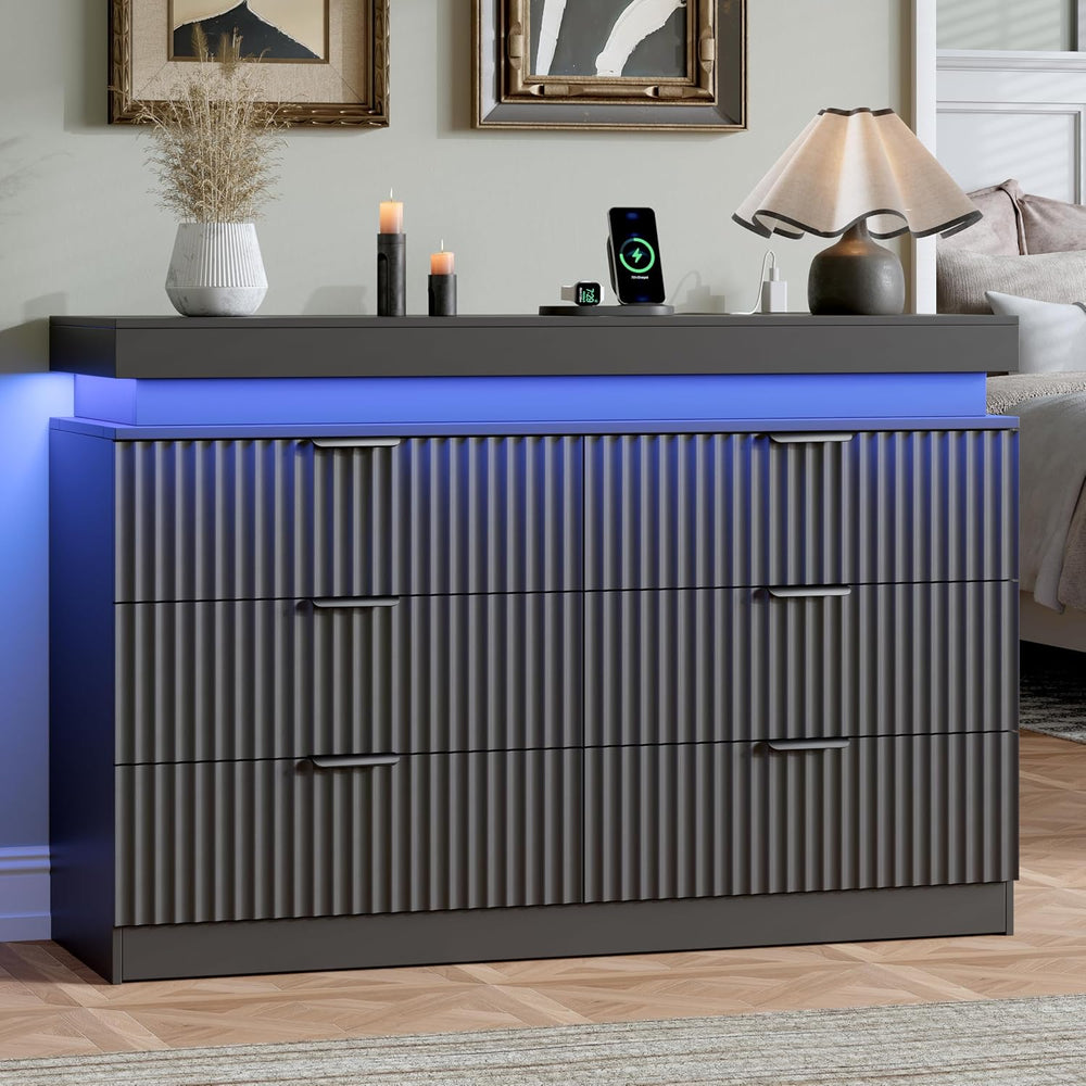 Fluted 6 Drawer Dresser for Bedroom with Charging Station, Black