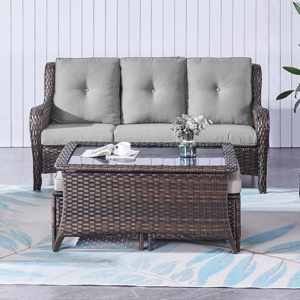 Belord Outdoor Coffee Table with Tempered Glass Top, Patio Rectangular Brown ...