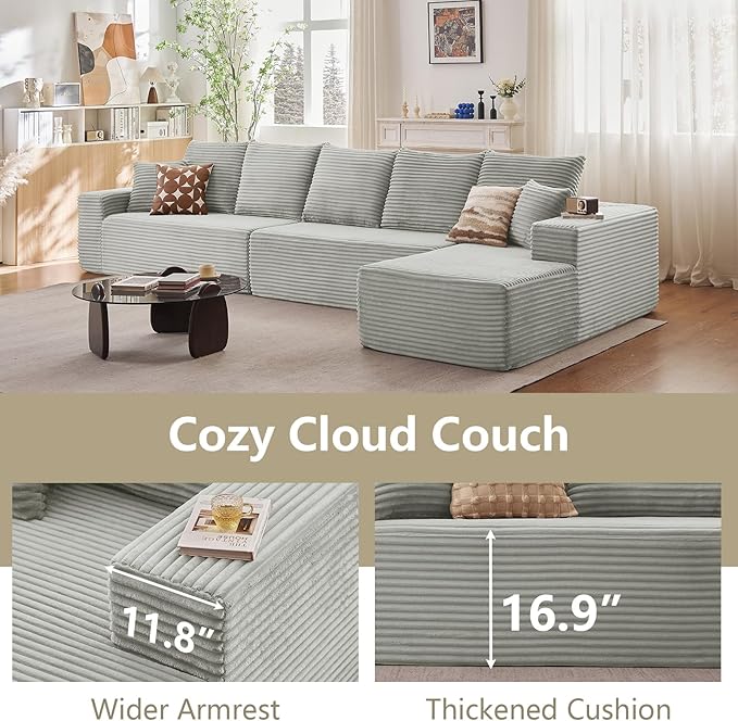 166.9" Cloud Sectional Couch with L-Shape Chaise, Upholstered Corduroy C...