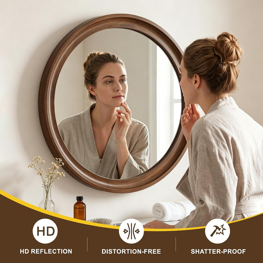 Round Wood Mirror, 22" Circle Mirror with Wooden Frame, Walnut Brown