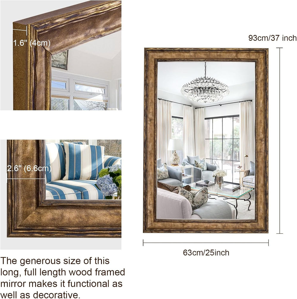 Rectangular Antique Solid Wood Frame Mirror, 37''x25'' Decora...