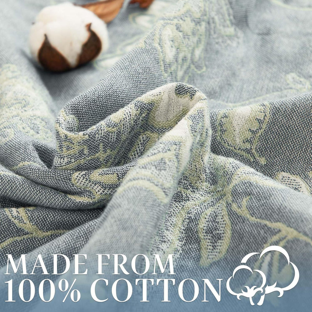 JINCHAN 100% Cotton Muslin Blanket Queen Boho Bed Blanket 80x90 Blue/White