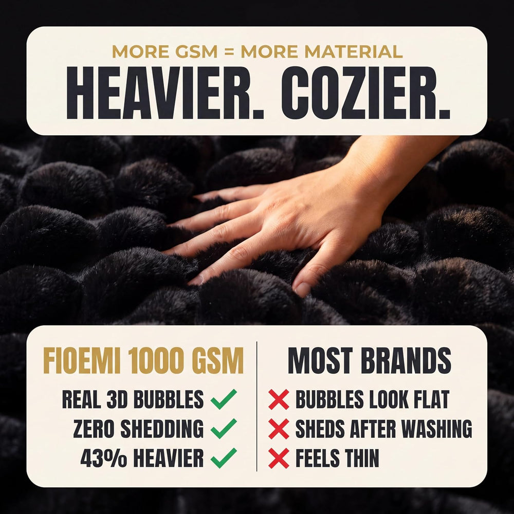 Soft Throw Blanket, 1000 GSM Faux Fur Bubble Blanket, Black 50x60