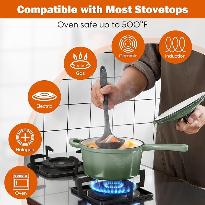 Homikit 2 Quart Saucepan with Lid, Enameled Cast Iron Small Sauce Pan Cooking