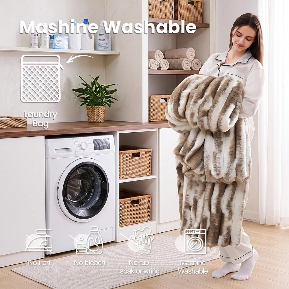 L'AGRATY Faux Fur Throw Blanket for Couch, 3D Striped, 50x60 Inches, Taupe