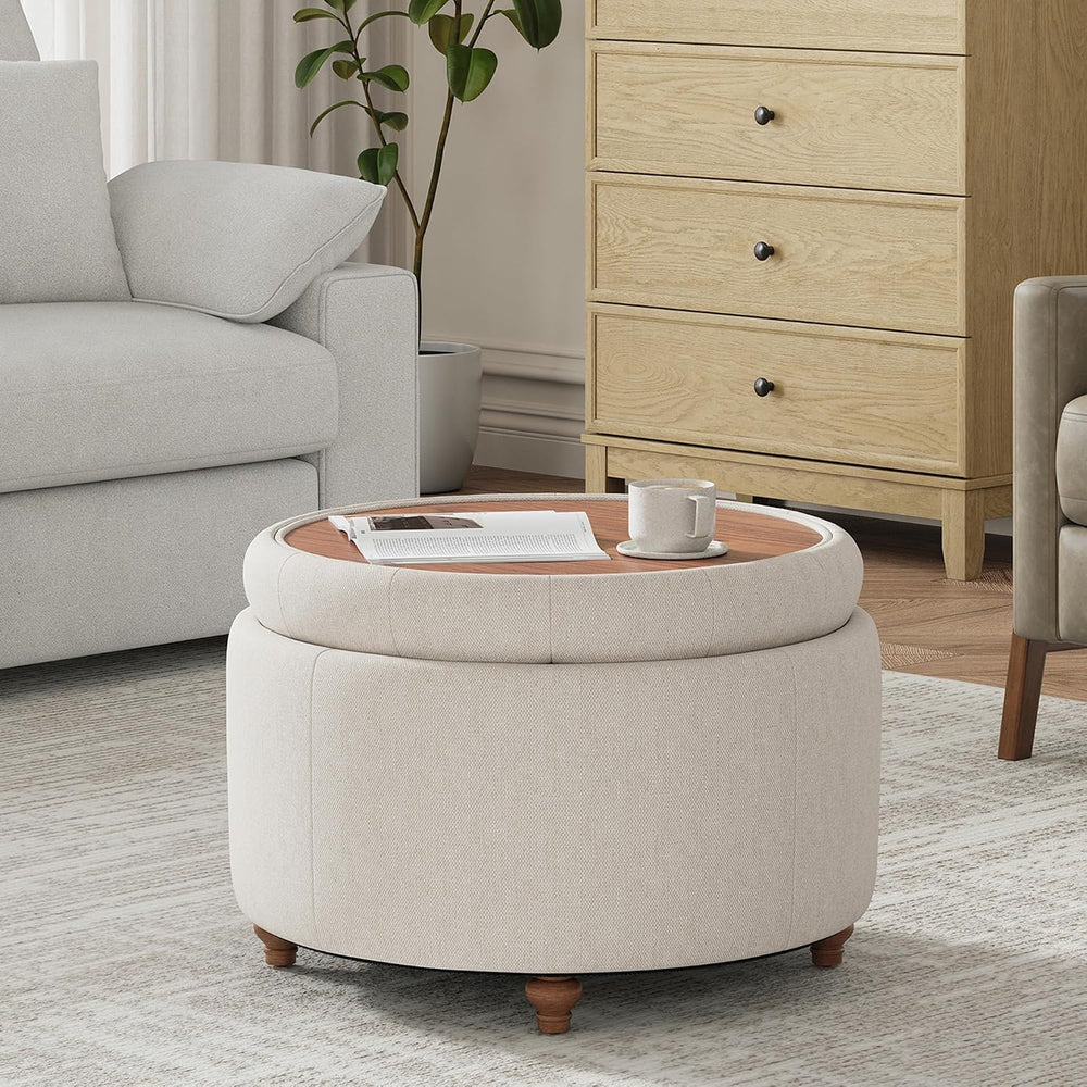 25Inch Round Storage Ottoman, Small Round Ottoman Coffee Table with Storage