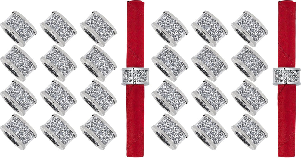SHYFOY Silver Diamond Napkin Ring Set of 12 Pieces, Crystal Glass Framed Napk...