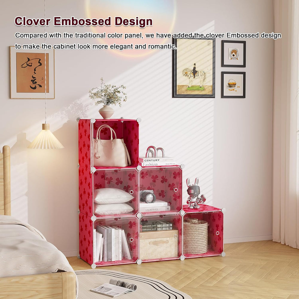 C&AHOME Clover Embossed 6-Cube Storage Organizer with Doors Cube Shelf Red