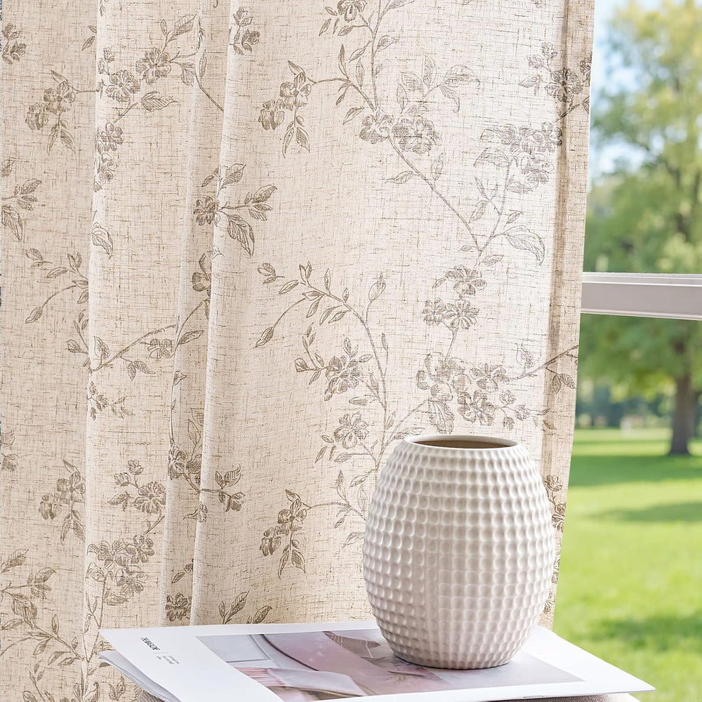 jinchan Taupe Floral Linen Curtains 84 Inch Farmhouse Back Tab 2 Panels