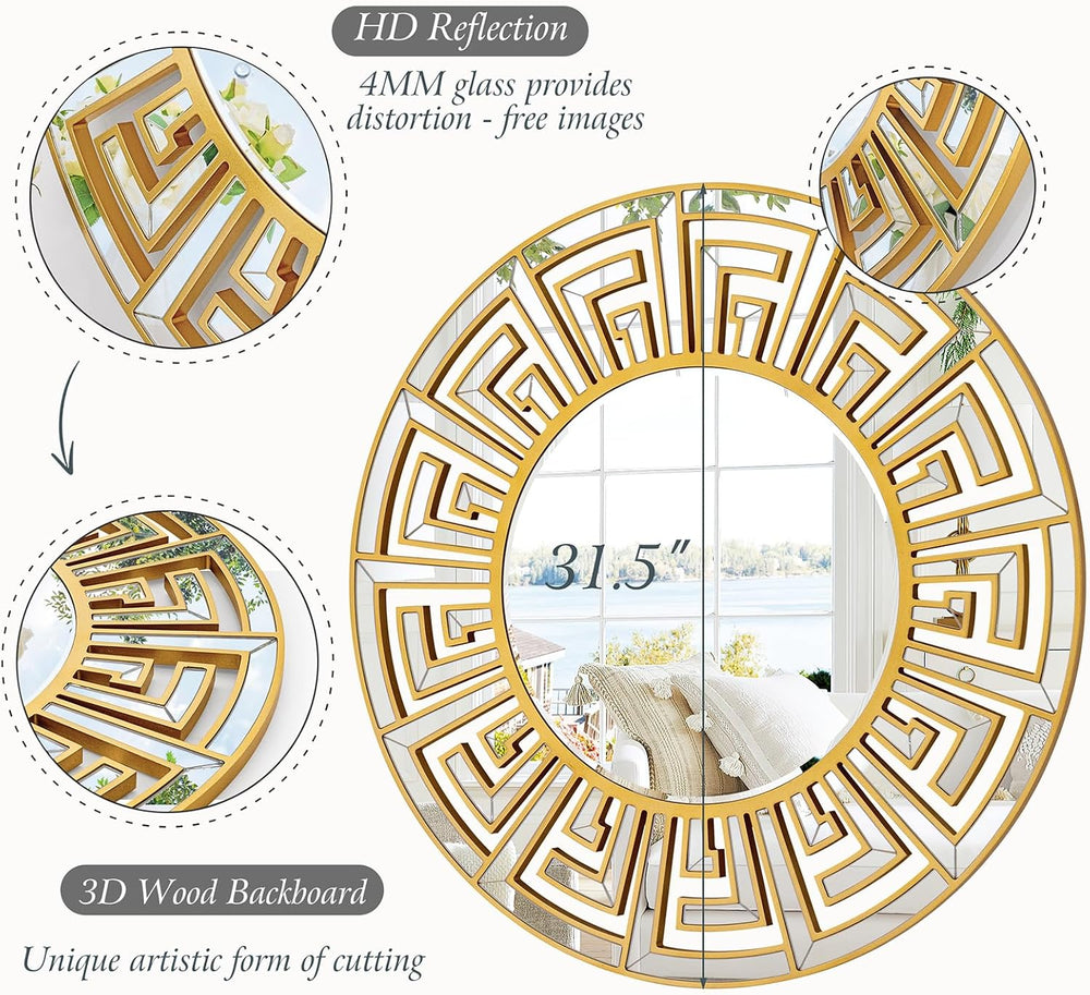 31.5"x31.5" Gold Round Mirror with Decorative Geometric Pattern, Ac...