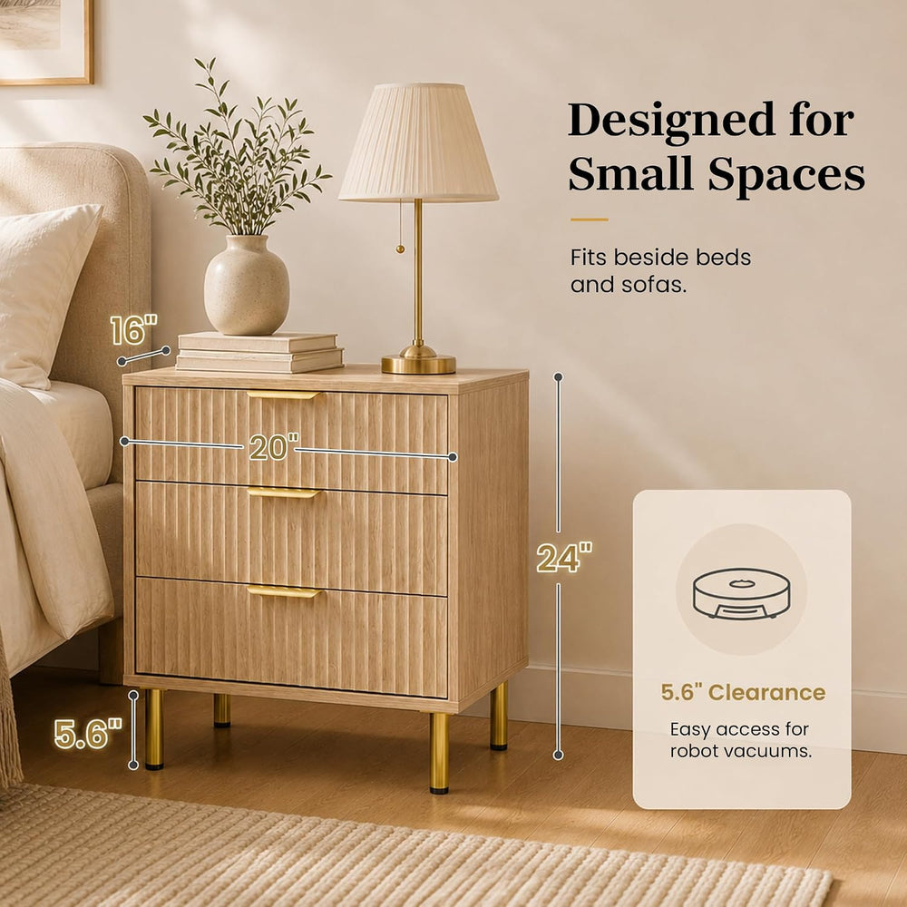 Natural Oak 3-Piece Fluted Dresser and Nightstand Set for Bedroom