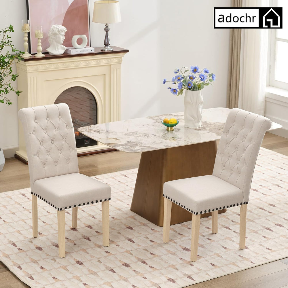 adochr Dining Chairs Set of 2, Linen Armless Parsons Chairs,Beige | Wooden Le...