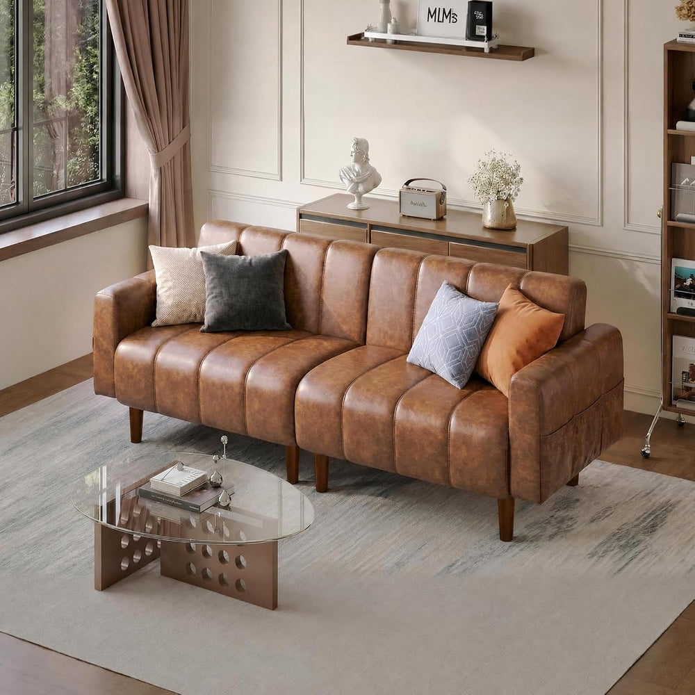 83" Faux Leather Futon Couch,Mid Century Modern Leather Sofa(Brown)