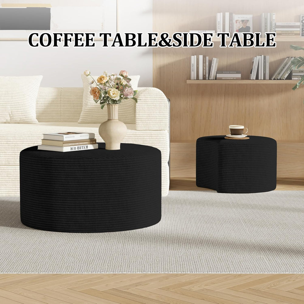 Round Nesting Coffee Table Set of 2,Upholstered Foam Ottoman Footrest Side Ta...