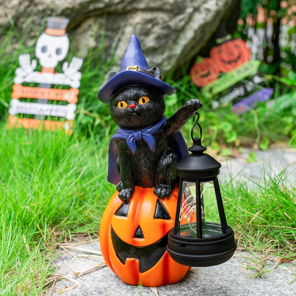Halloween Black Cat Decor Solar Cat Garden Statues Sit On Pumpkin with LED La...