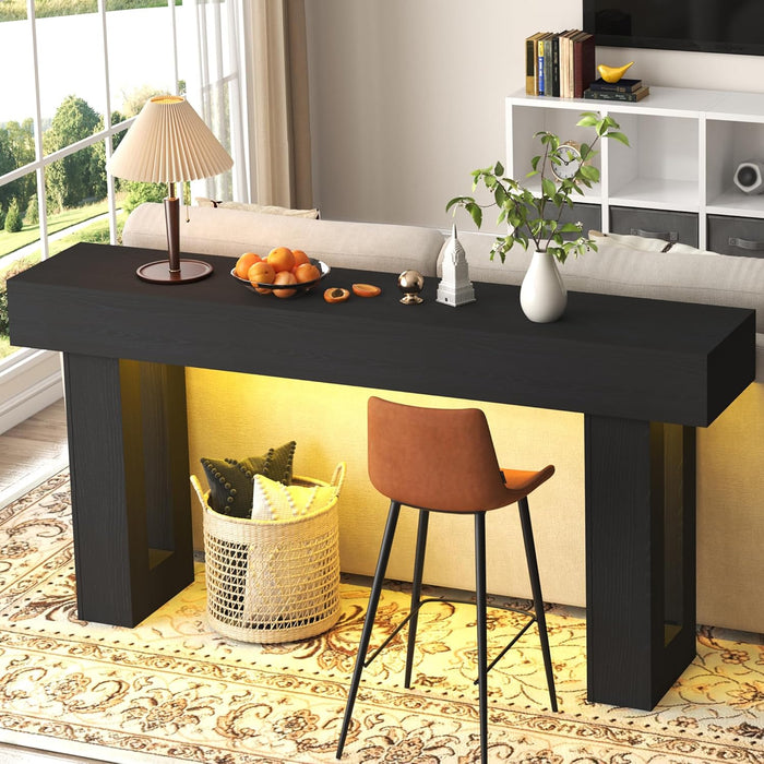 Depeht 63" Long Console Table with Power Outlet LED Lights, Wooden Farmhouse Sofa Behind Couch Table with Storage, Large Industrial Hallway Accent Furniture for Living Room, Entryway, Hallway (Black)