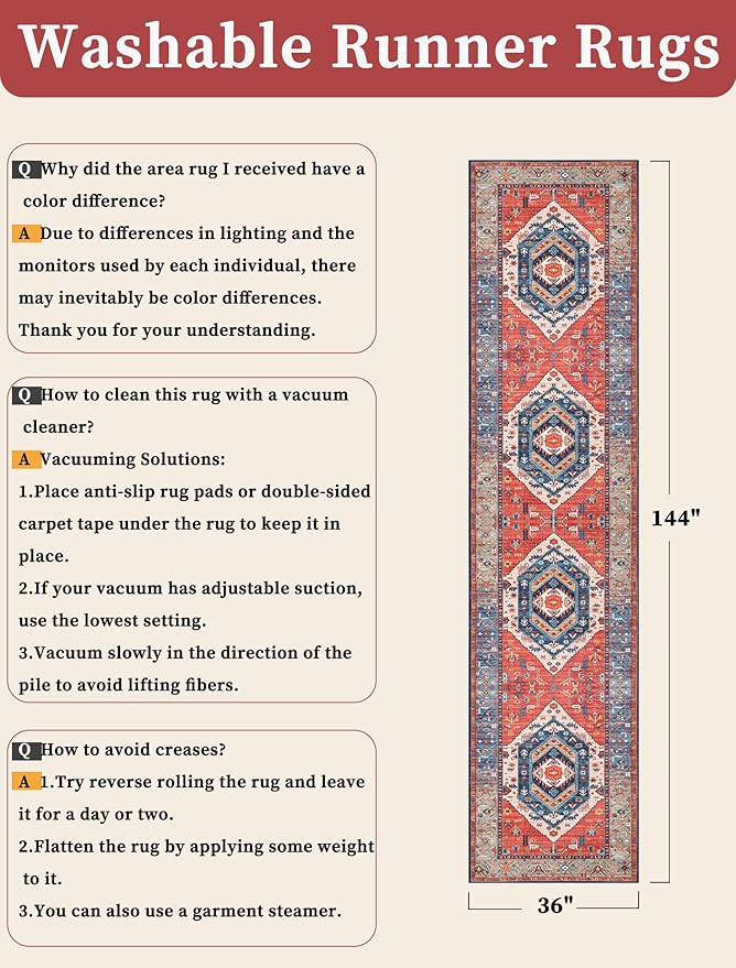 SERISSA Runner Rug for Hallways, 3x12 Washable Non Slip Kitchen Runner Rug