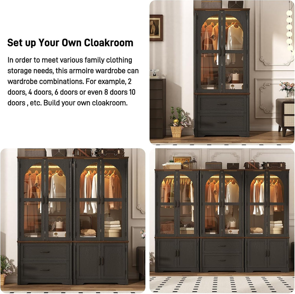 Tall Farmhouse 2 Doors Armoire Wardrobe Closet with LED ,72" Freestandin...