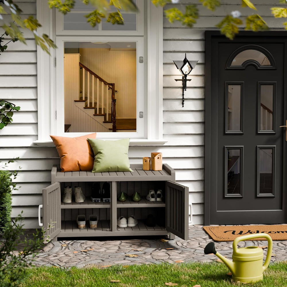 Storage Bench - 2 Doors Waterproof Resin Shoe Bench with Adjustable Shelves -...