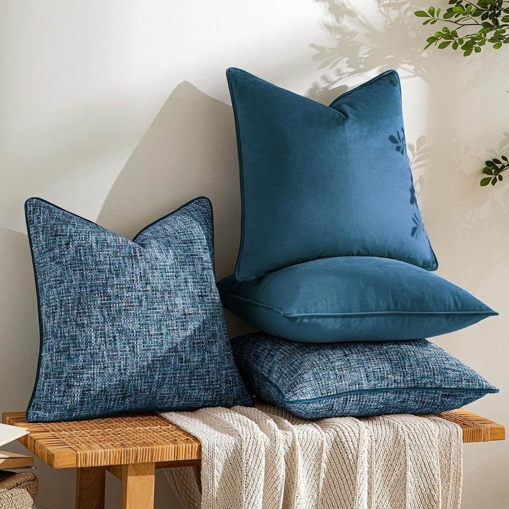 a moment Blue 4 Pack Throw Pillow Covers - Chenille & Velvet Set with Pip...
