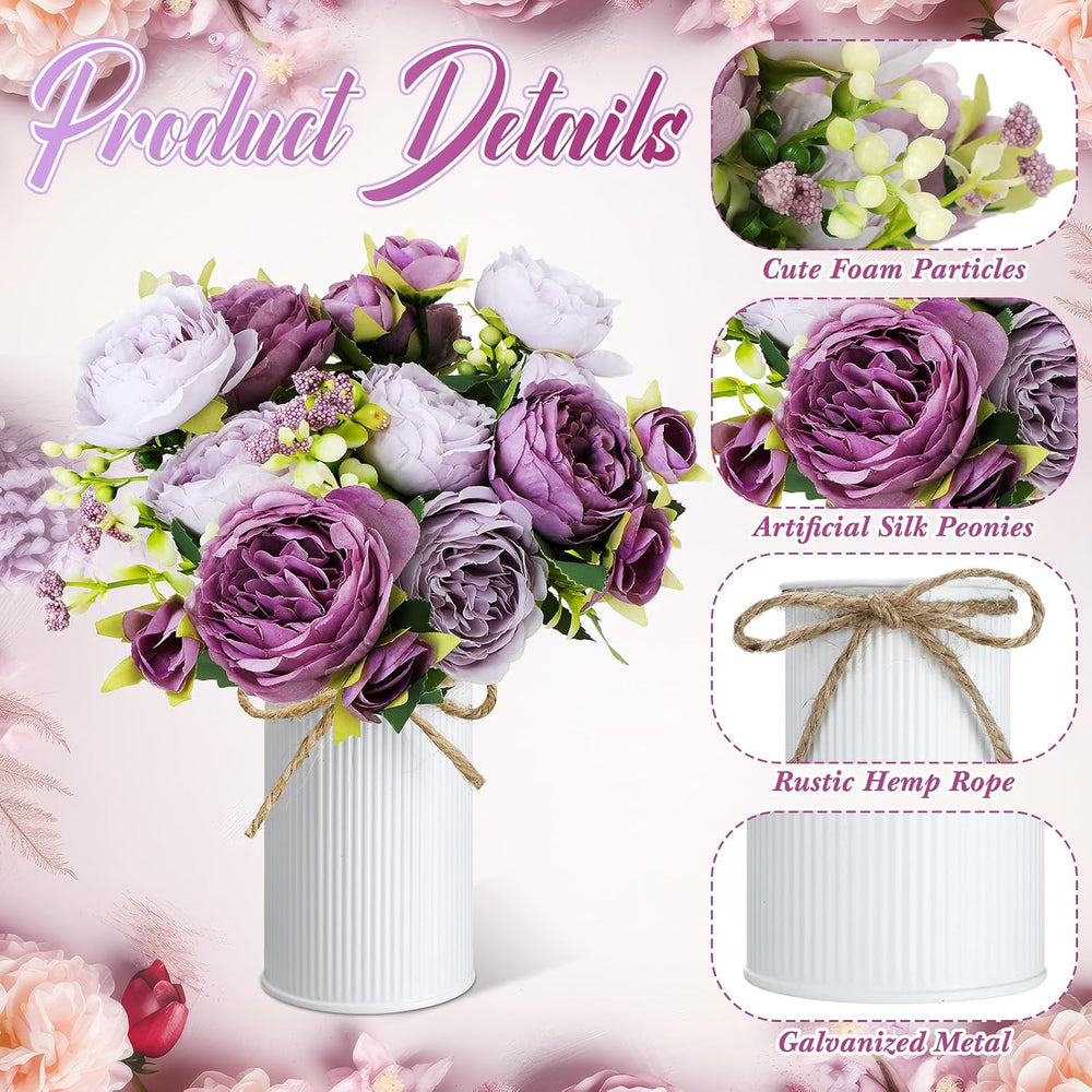 3 Sets Artificial Peonies Flower Peony Bouquet with Galvanized Metal Pot Silk...