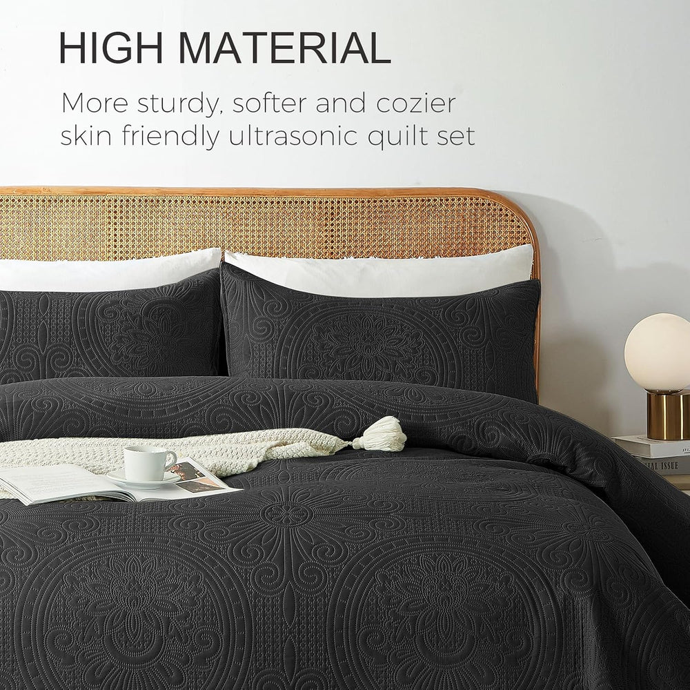 WURUIBO King/Cal King Quilt Set Black,Ultrasonic Embossed Bedspread, Lightwei...