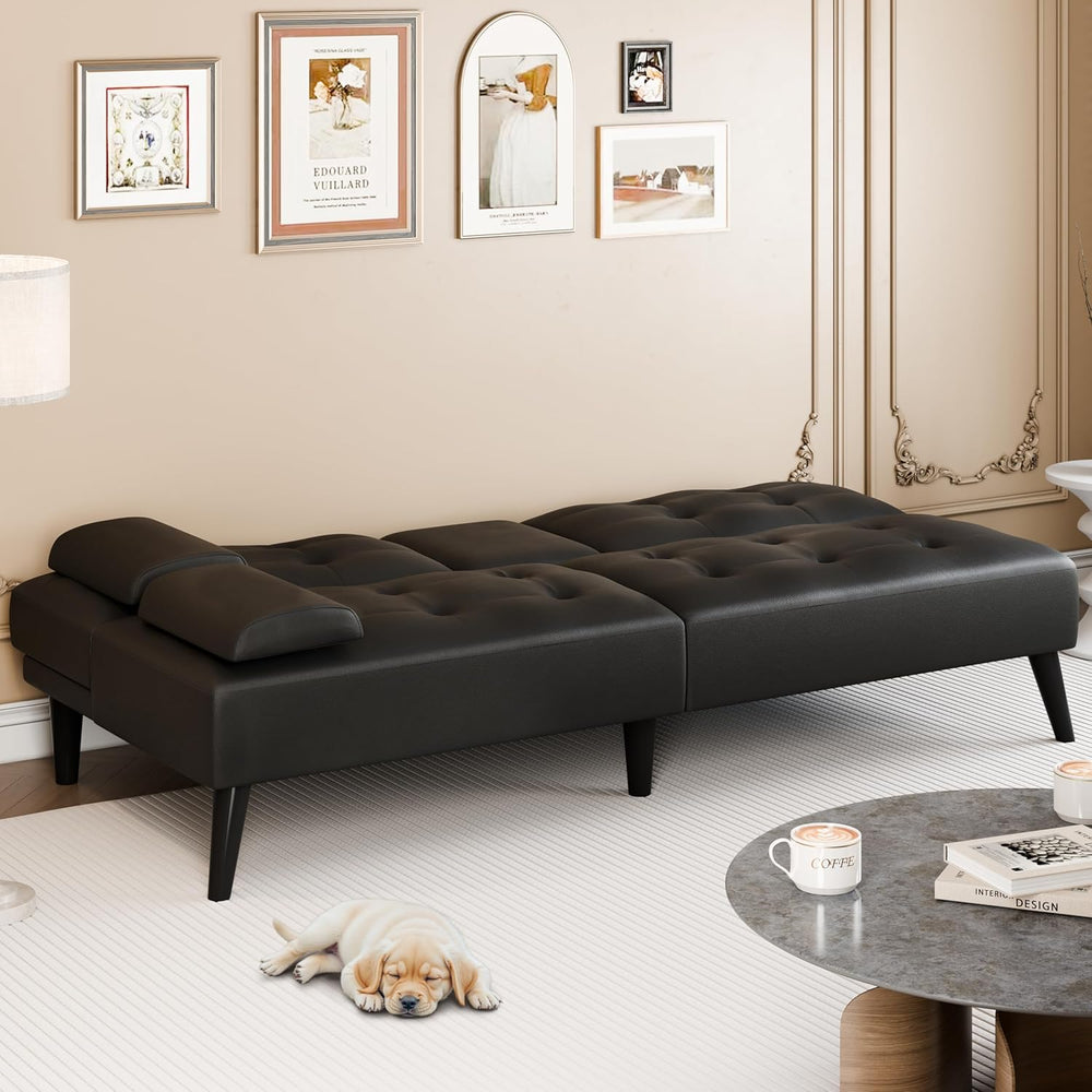 64" Futon Sofa Bed, Small Couch with 2 Cup Holders, Black