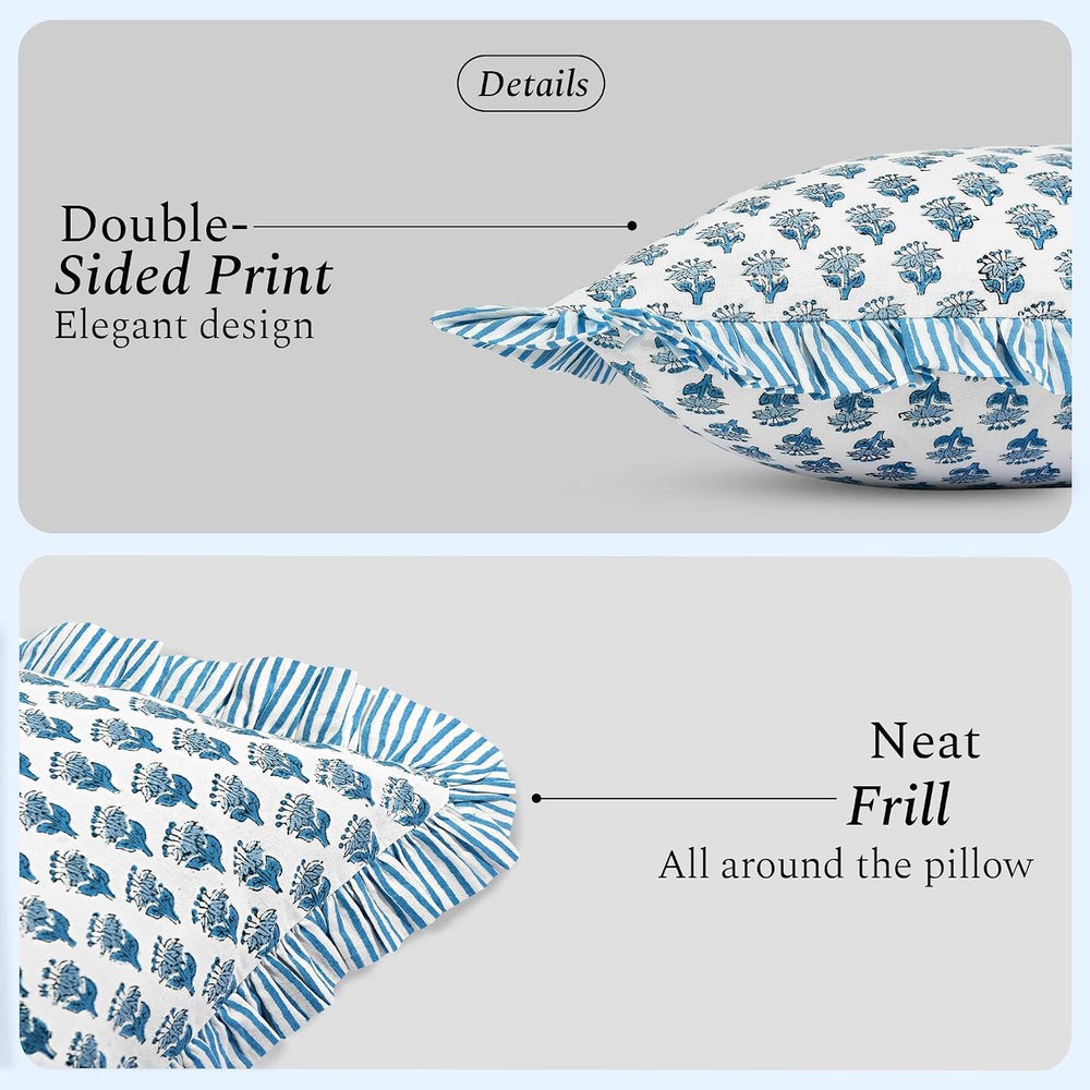 CPC Apatite Blue Block Print Ruffle Pillow Cover 18x18 Inch, Pack of 2