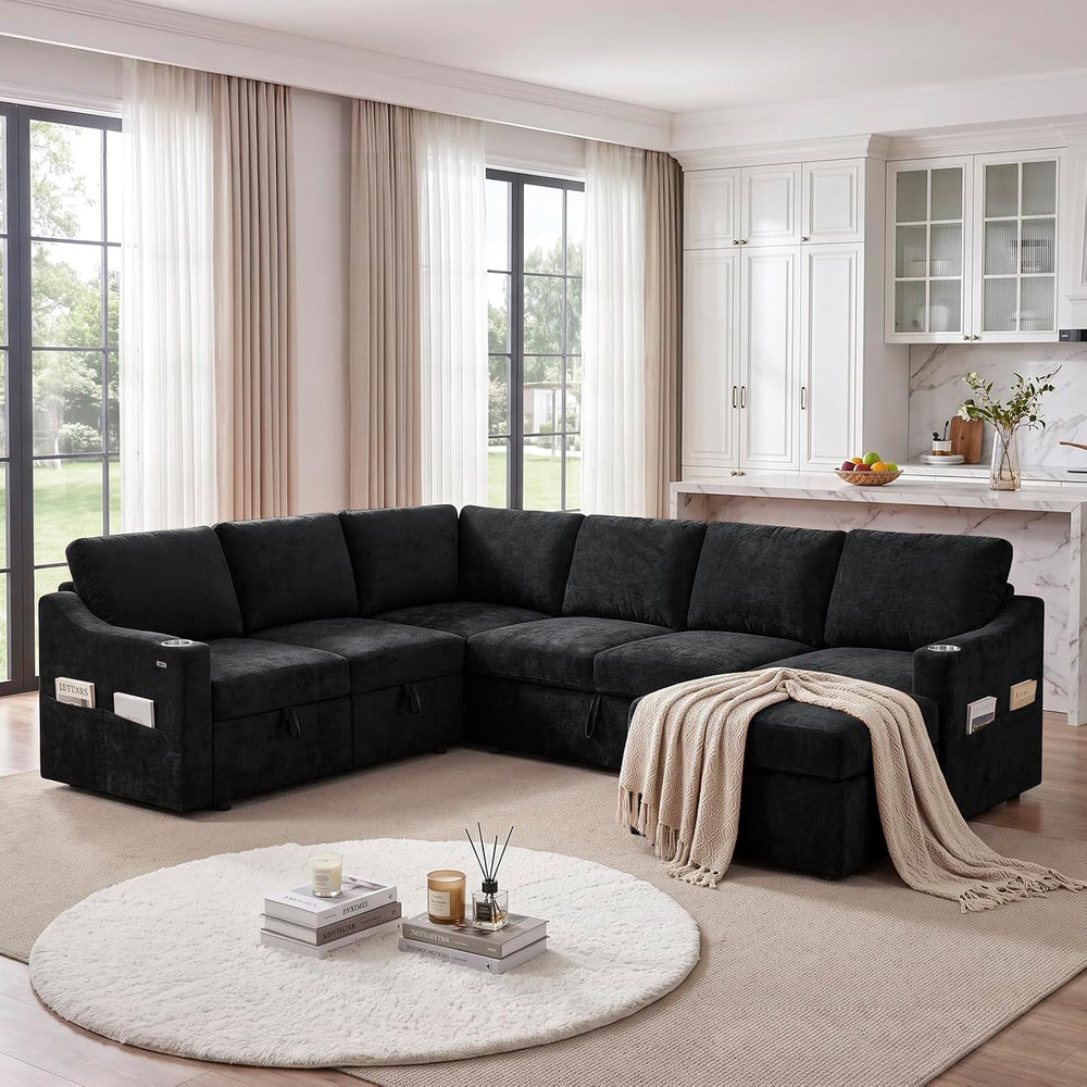 116" Chenille Modular Sofa Bed w/Adjustable Backrests, Black