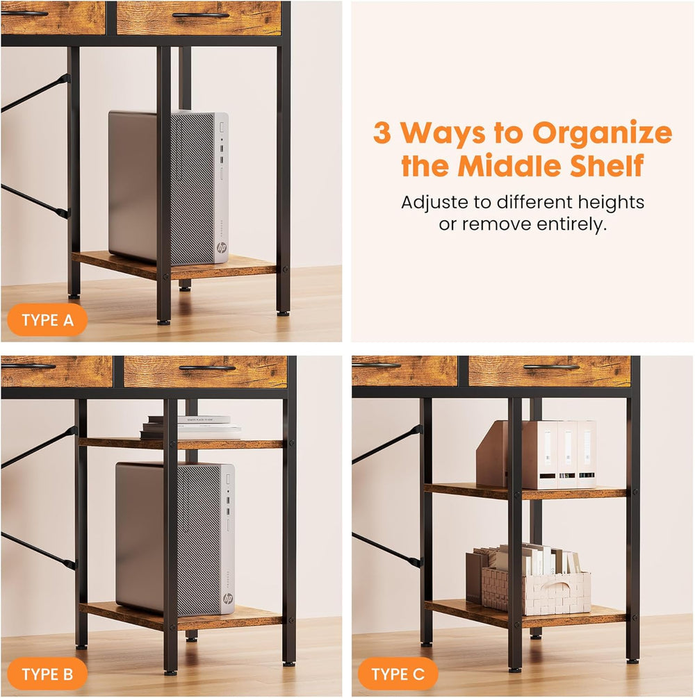 Sweetcrispy 47" Computer Desk with 6 Fabric Drawers & Storage Shelve...