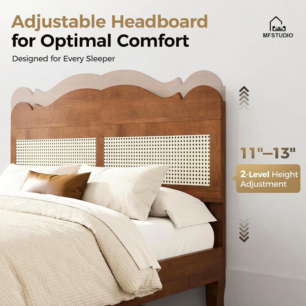 MFSTUDIO Wood Bed Frame Full Size with Adjustable Rattan Headboard